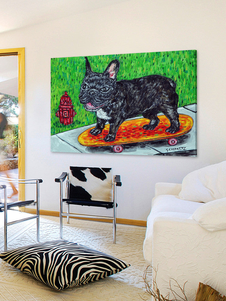 "French Bulldog Skateboarding" Painting Print on Wrapped Canvas, 30"x20"
