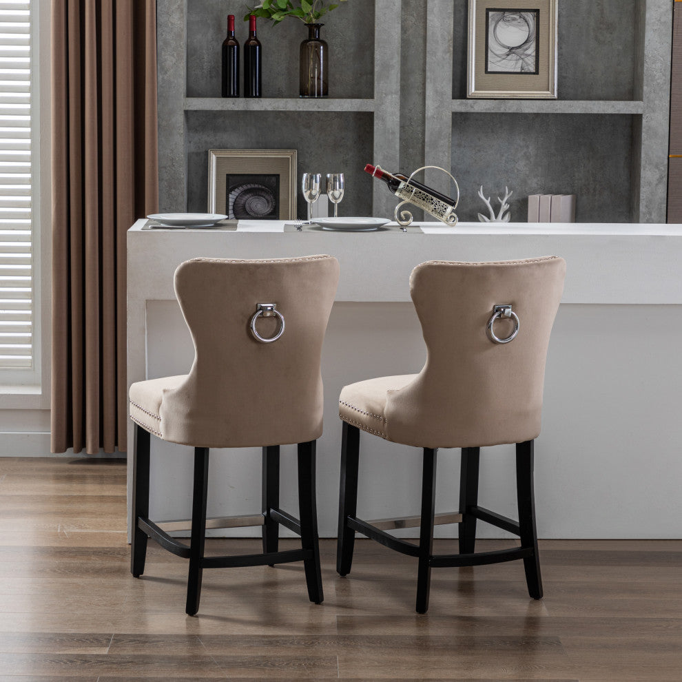 WestinTrends 2PC 24" Tufted Wingback Velvet Counter Height Stool Set, Black, Velvet Taupe