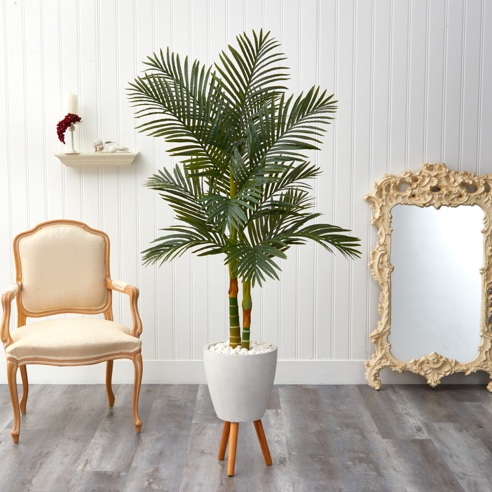 5.5' Golden Cane Artificial Palm Tree, White Planter