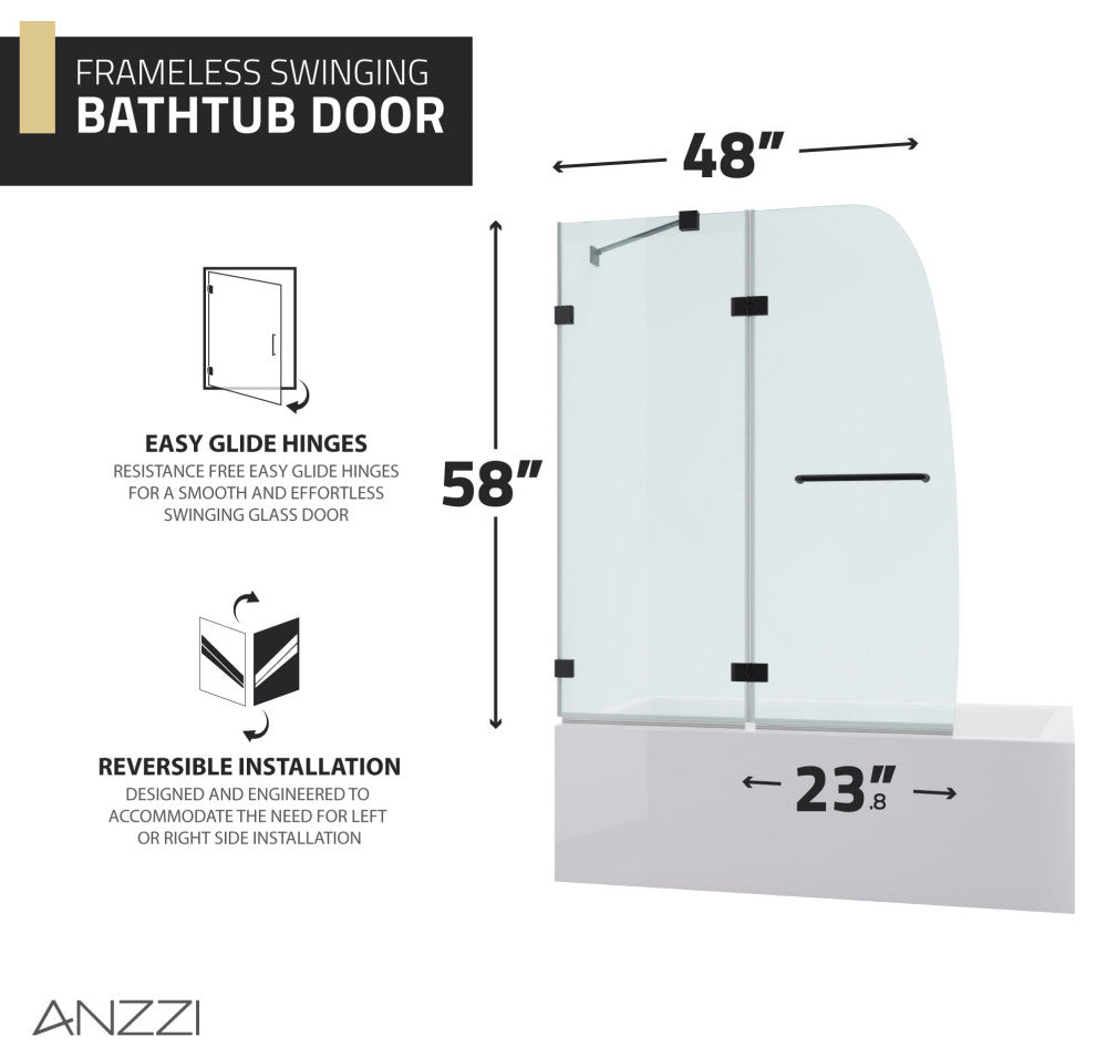 Pacific Series 48"x58" Frameless Hinged Tub Door, Matte Black