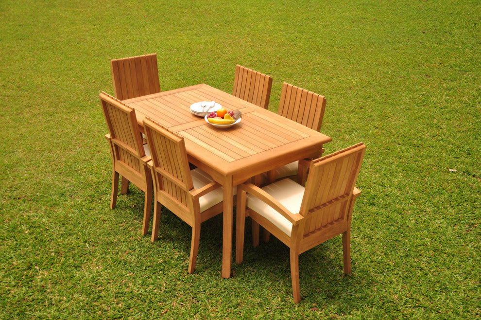 7-Piece Outdoor Teak Dining Set: 83" Rectangle Table, 6 Goa Stacking Arm Chairs