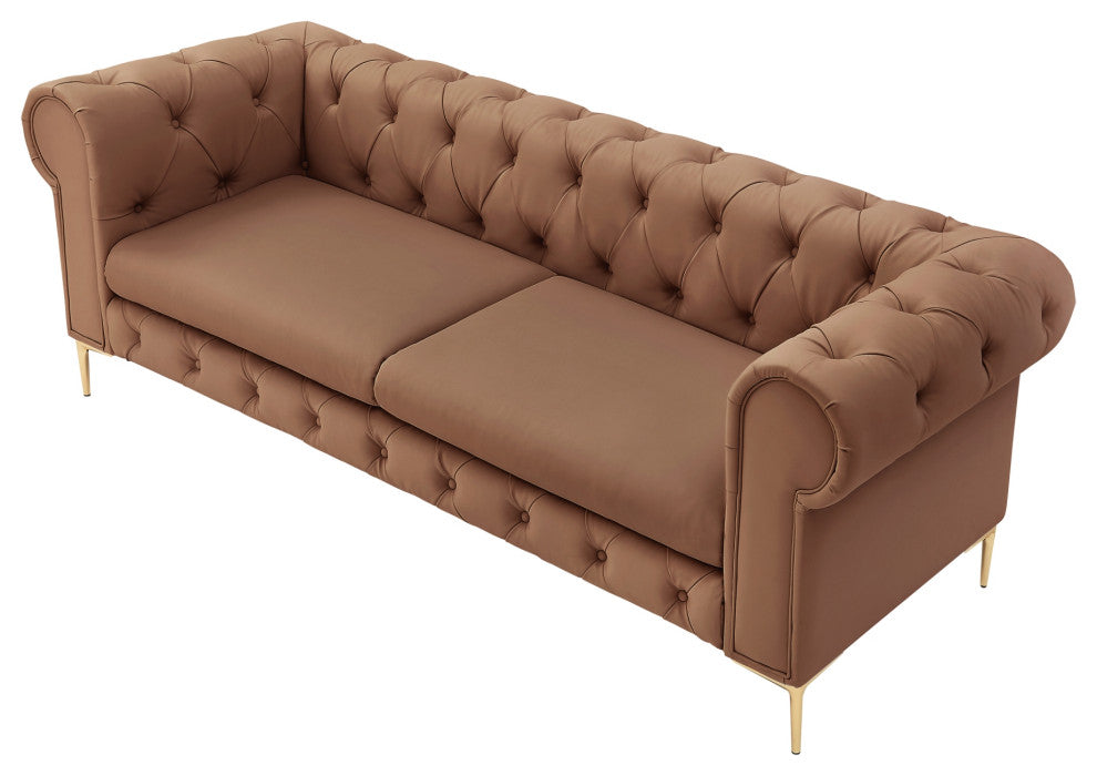 Nicole Miller Geraldine Sofa Button Tufted, 3 Seat, Camel Leather PU