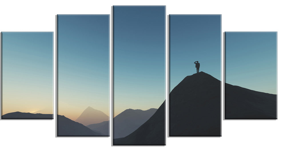 Man Looking from Mountain, Landscape Canvas Art Print, 60"x32", 5 Panels