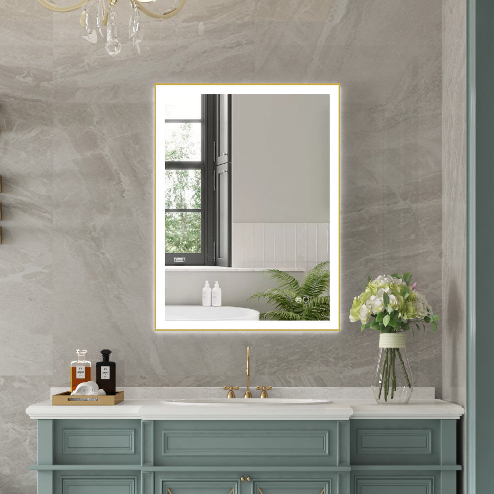 Framed LED Lighted Bathroom Vanity Mirror With Defogger, Gold, 24"x32"