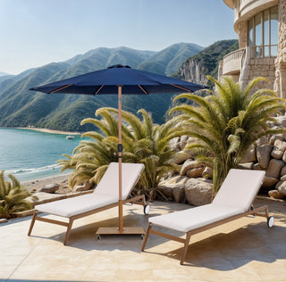 Fiji Patio Umbrella and Base, Navy, Teak Pole, Teak Belize Base