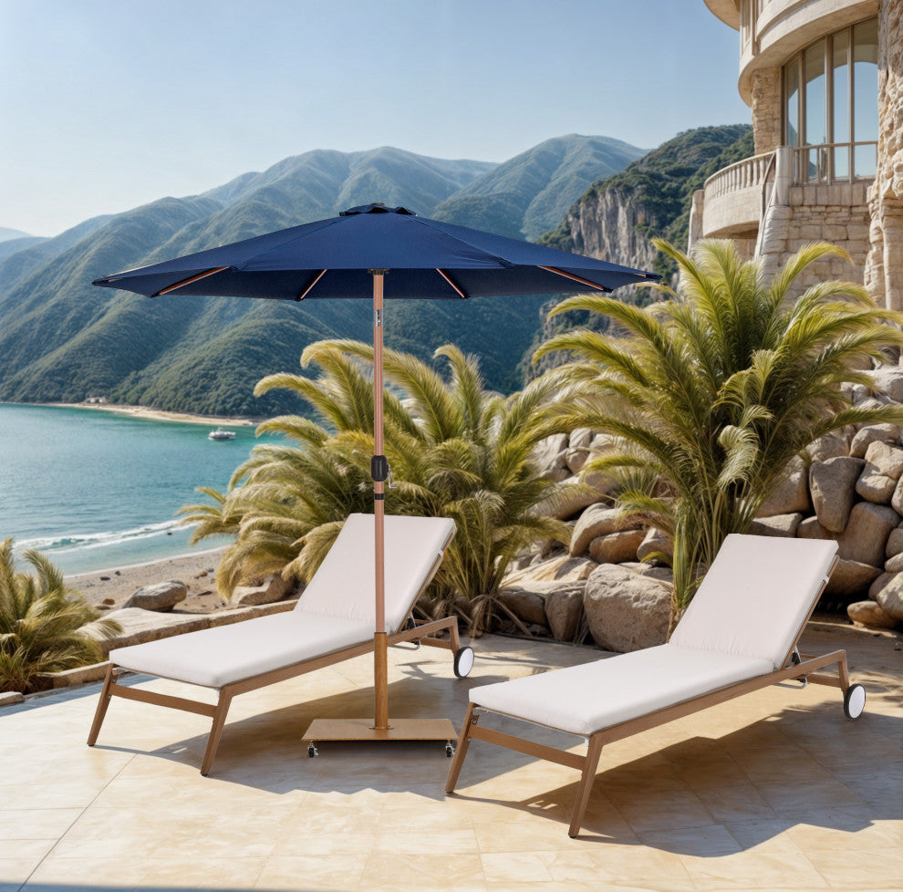 Fiji Patio Umbrella and Base, Navy, Teak Pole, Teak Belize Base