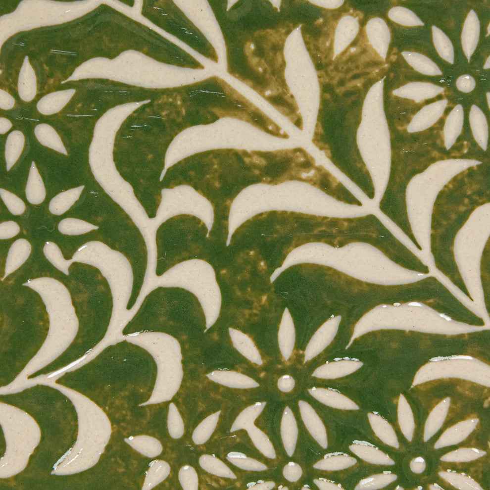 Stoneware Platter With Wax Relief Botanicals, Green