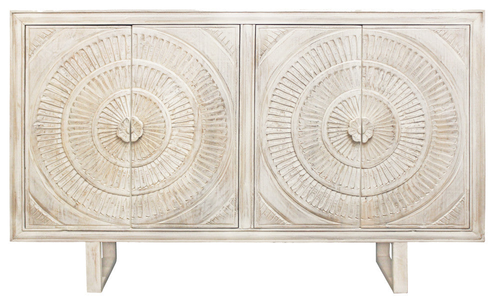 Albert Sideboard, 4-Hand Carved Doors, White Distressed Finish