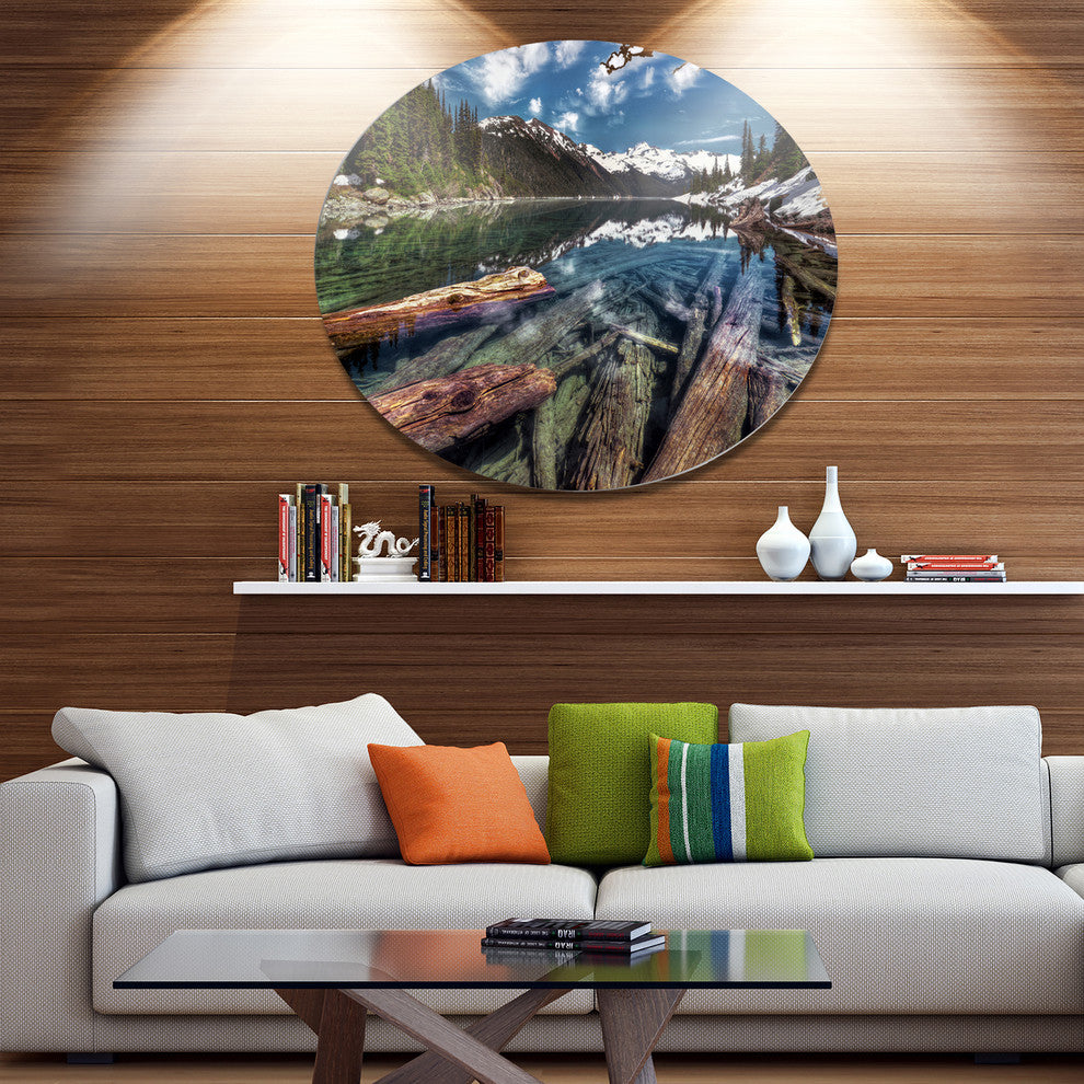 Sunken Logs N Mountain Lake, Landscape Art Disc Metal Wall Art, 23"