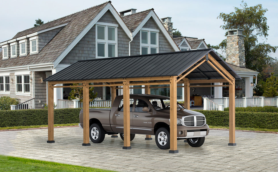 Sunjoy 20''x11'' Wood Carport, Outdoor Living Pavilion, Gazebo