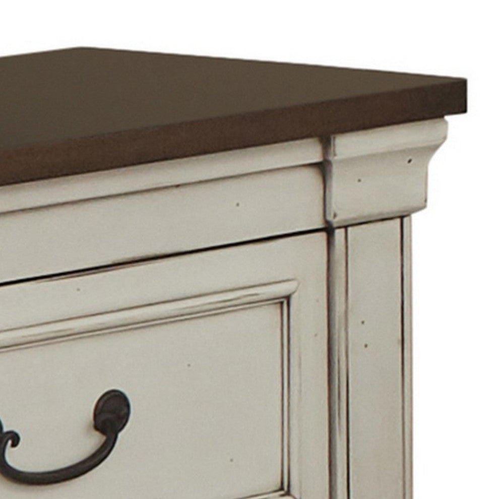 Benzara BM280352 Ivy 28" Nightstand, 2 Drawers, USB Ports, Wood, Brown, White