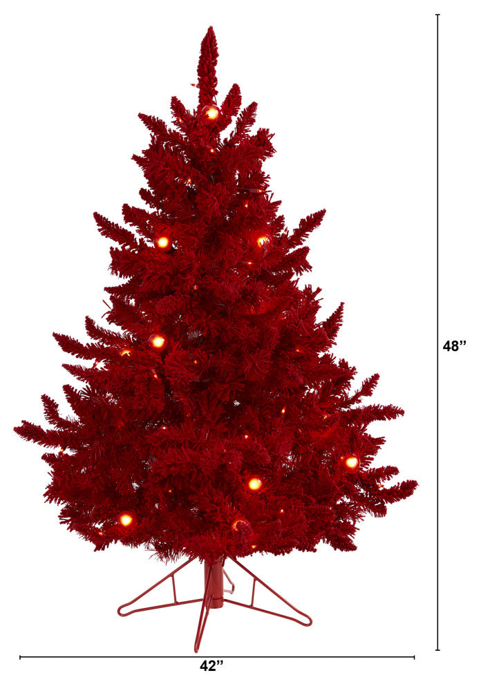 4' Red Flocked Fraser Fir Christmas Tree / 100 Red Lights 14 Globe Bulbs