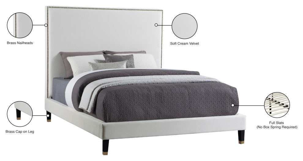 Harlie Velvet Upholstered Bed, Cream, Full