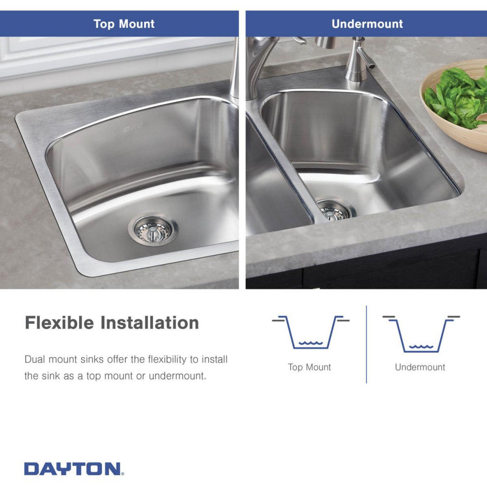DSESR127221 Dayton Stainless Steel 27" x 22" x 8", Dual Mount Sink, 1 Hole