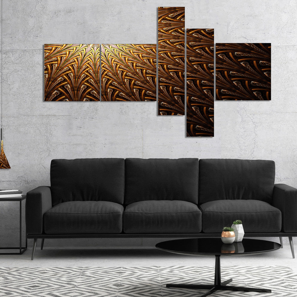 Dark Orange Fractal Flower Pattern, Abstract Wall Art Canvas, 60"x32", 5 panels