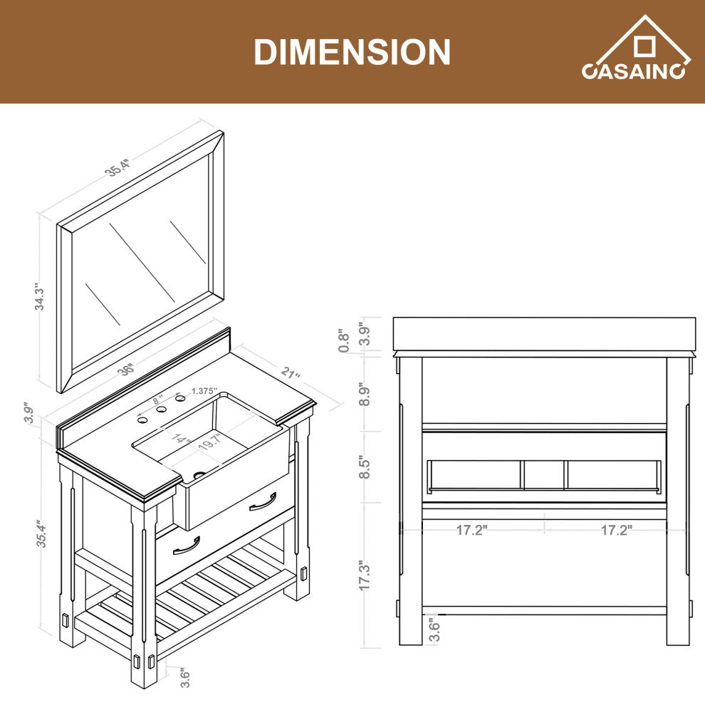 Bathroom Vanity, White Carrara Marble Top,with Sinks,Solid Wood Cabinets, 36in