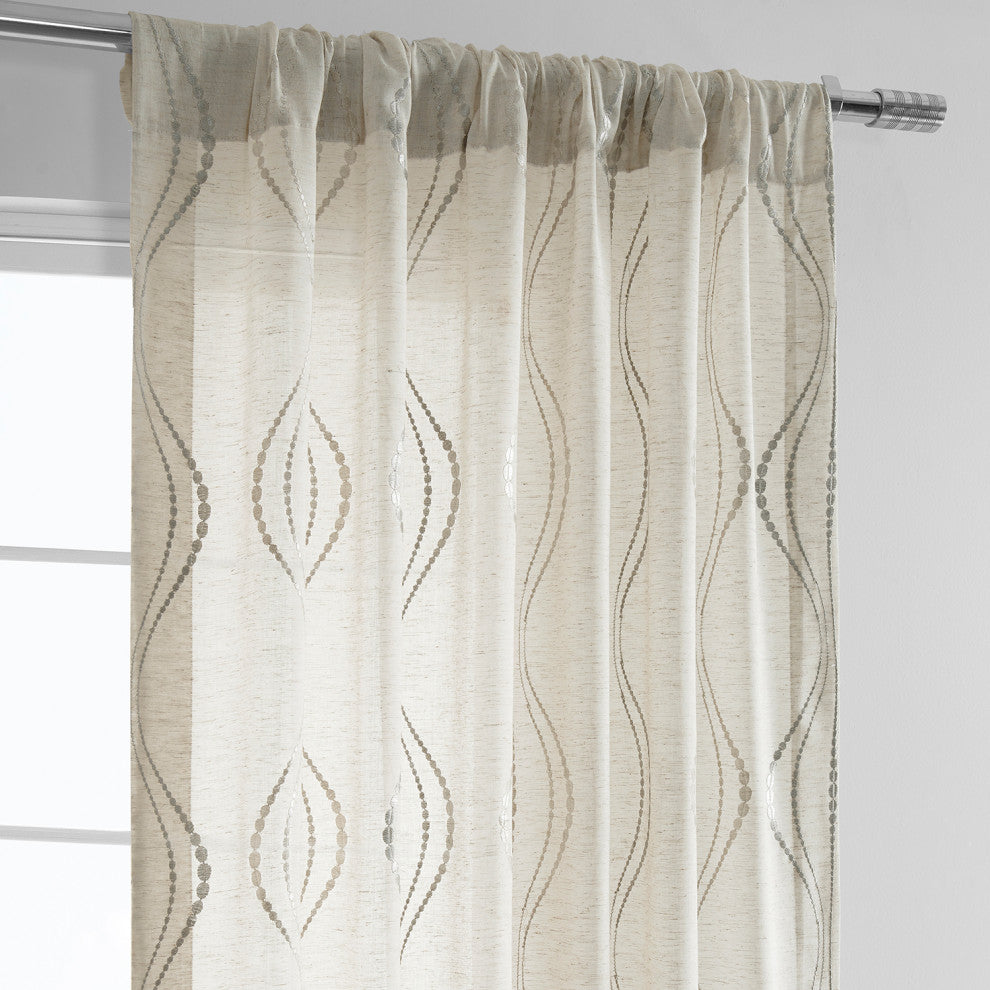 Suez Natural Embroidered FauxLinen Sheer Curtain Single Panel, 50"x120"
