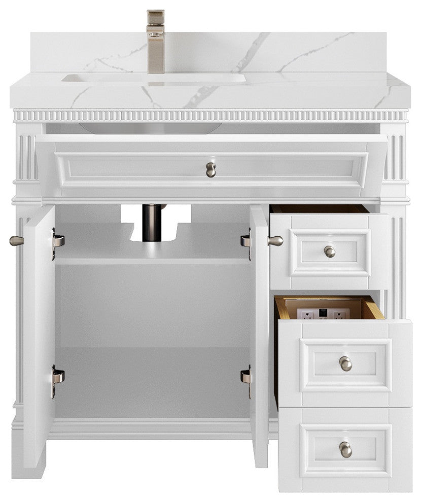 Paris 36" Left Offset Bathroom Vanity, White 2" Calacatta Laza