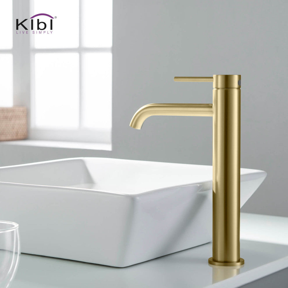 Circular Brass Single Handle Bathroom Faucet KBF1009, Brush Gold, With Drain
