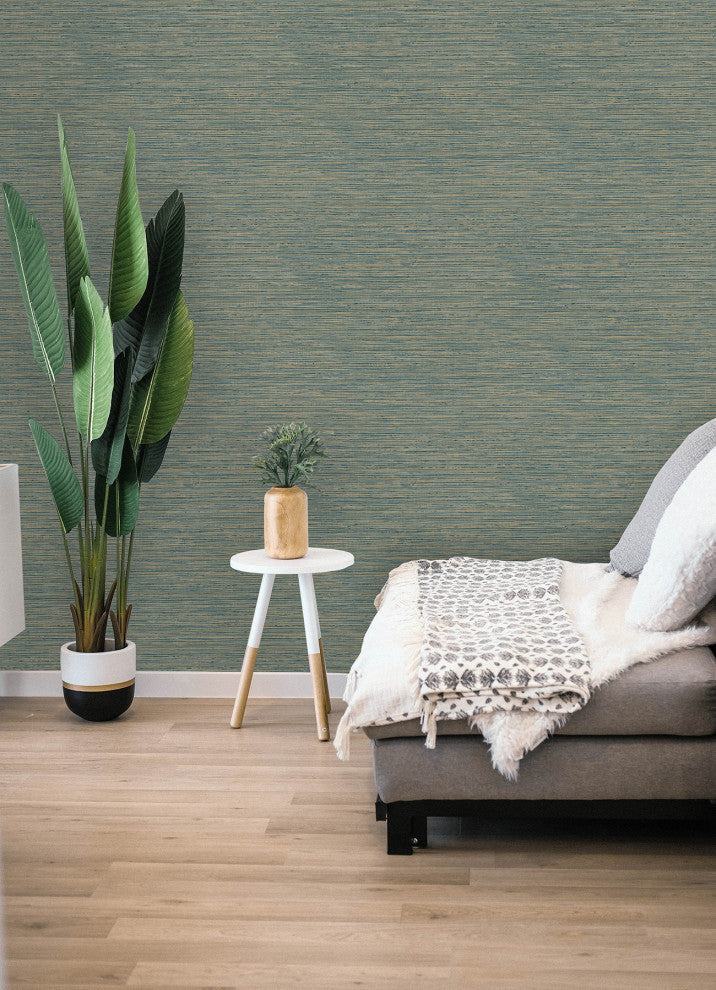 Teal Dimensional Grasscloth Peel and Stick Wallpaper