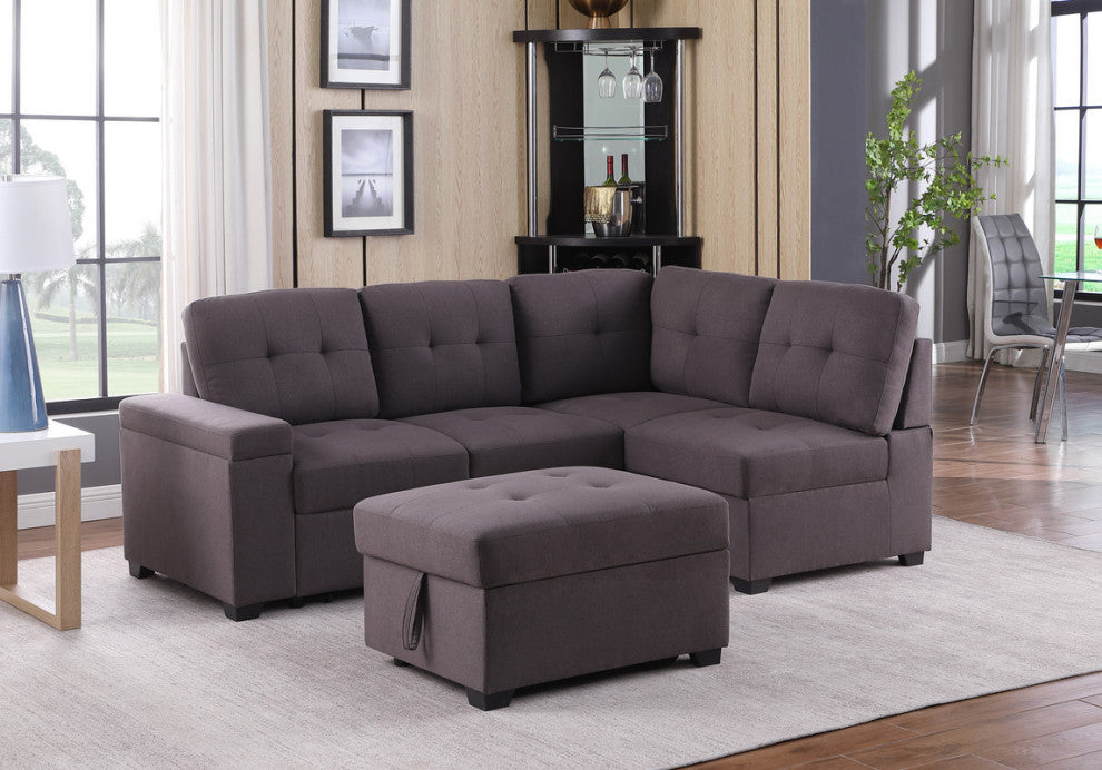 Katie Brown Linen Sleeper Sectional Sofa With Storage Ottoman, Storage Arm