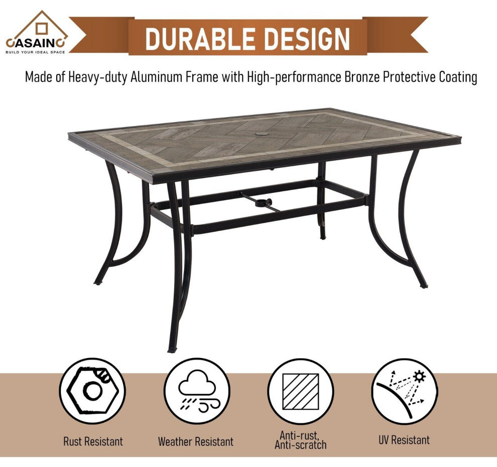 CASAINC Dining Table Aluminum Ceramic Tile Top Rectangular with Umbrella Hole