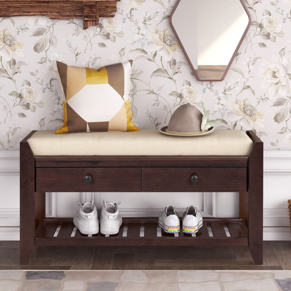 TATEUS 39" Entryway Storage Bench With Shoe Rack and Cushioned Seat, Espresso