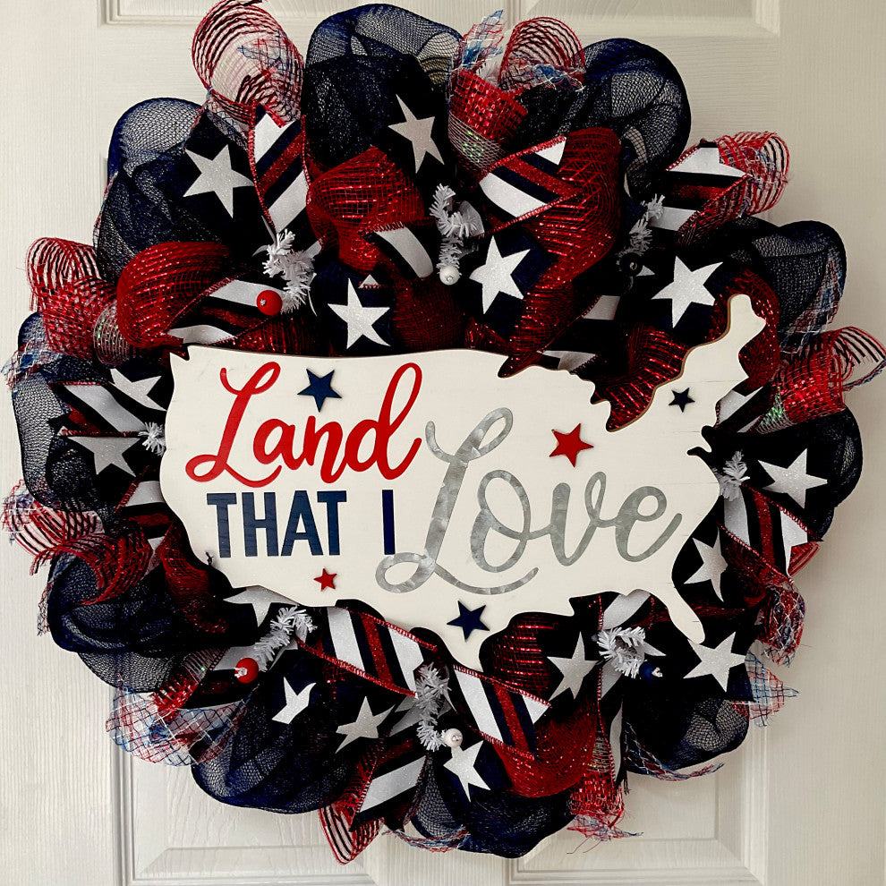 Land That I Love Patriotic Handmade Deco Mesh Wreath, 28 Inch