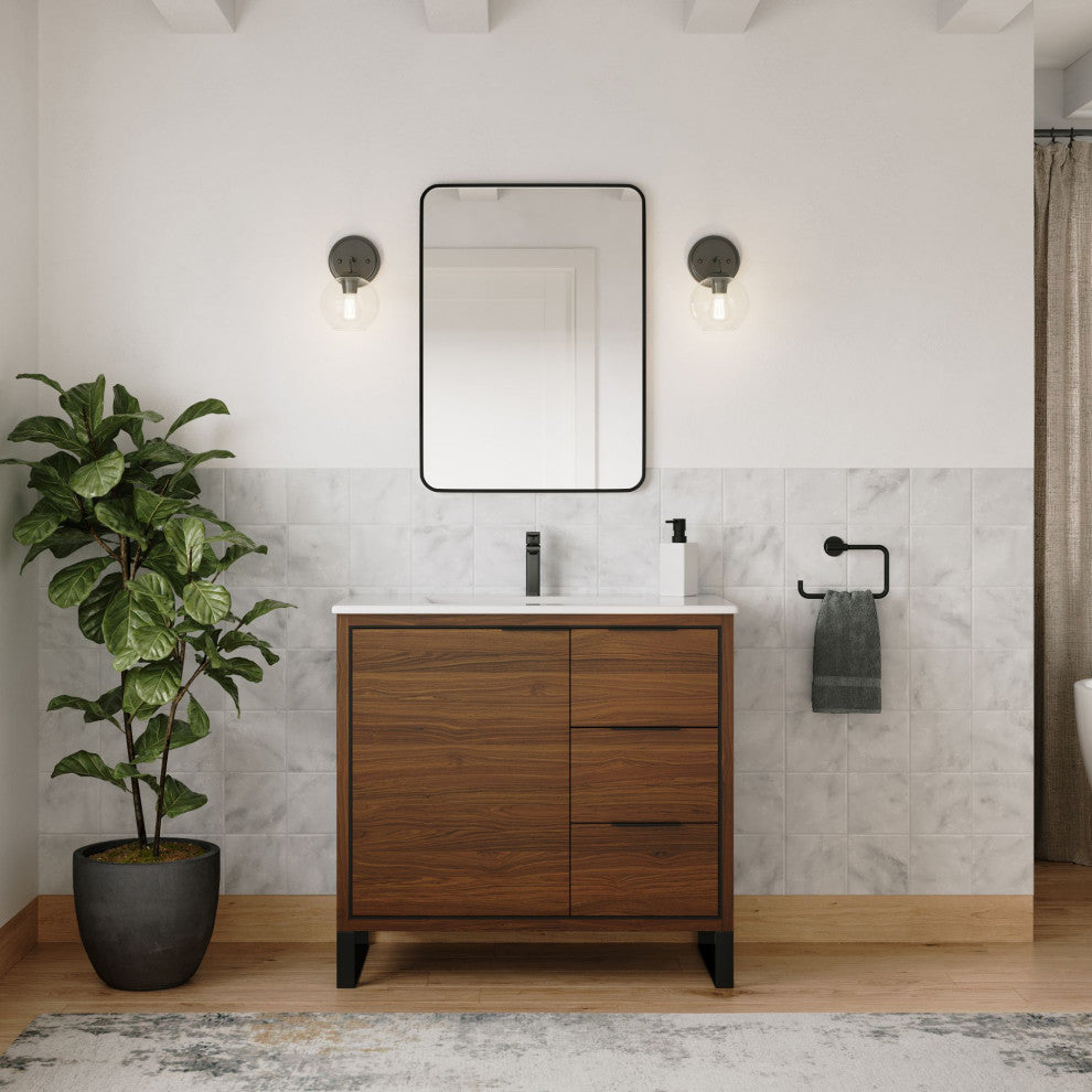 Bradford Bath Vanity, Walnut, 36", Black Hardware, Single Sink, Freestanding