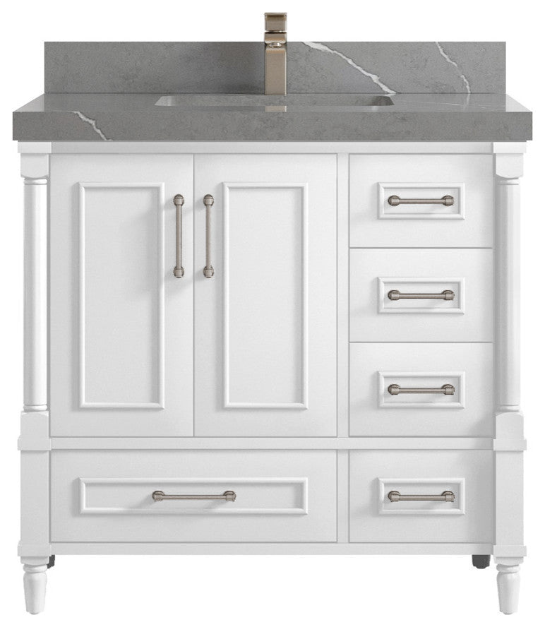 Aberdeen 36 Center Sink Bath Vanity in White 2" Piatra Gray