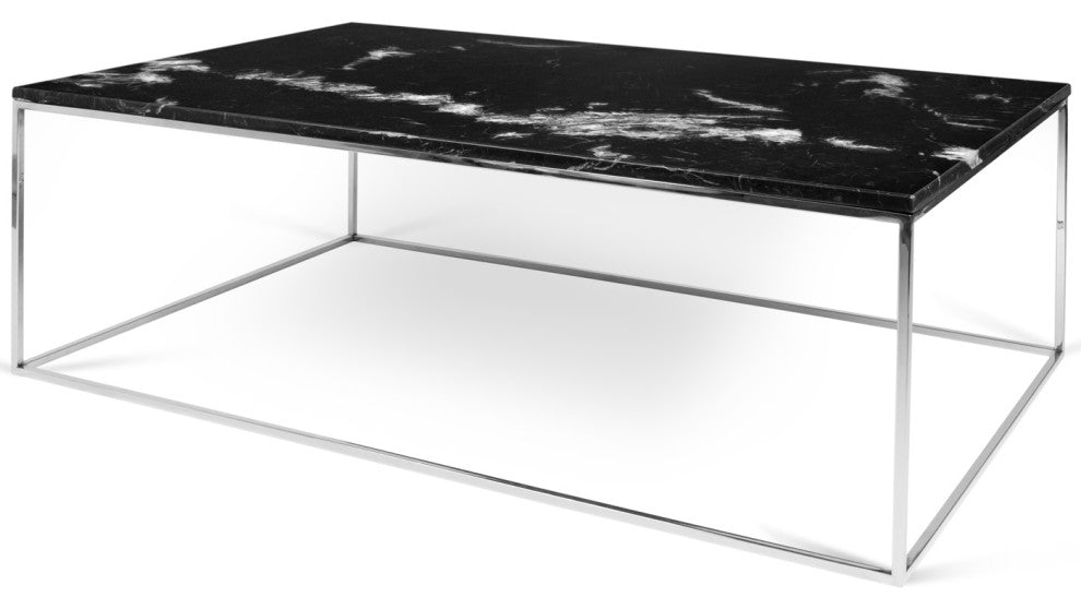 Modern Metal Rectangle Marble Top Coffee Table, Black Marble/Chrome