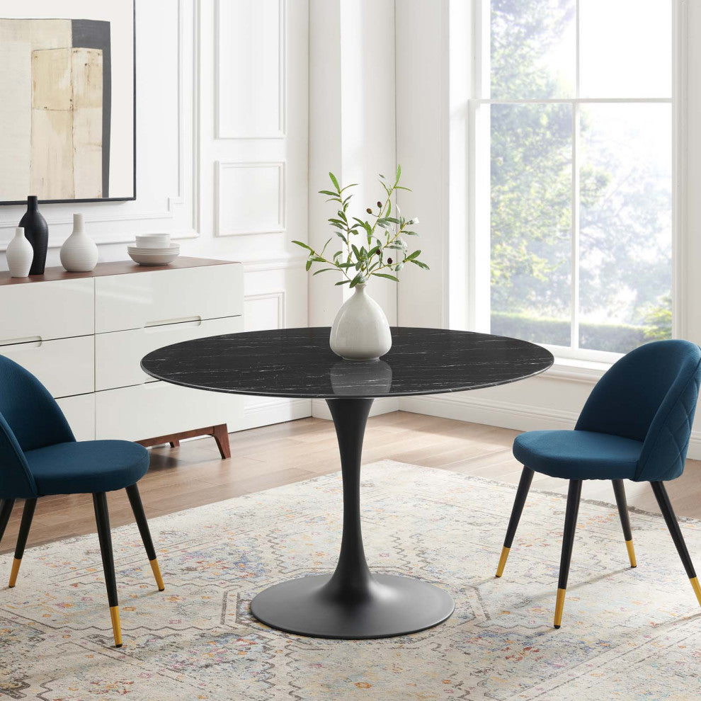 Dining Table, Round, Artificial Marble, Metal, Black, Modern, Bistro Restaurant