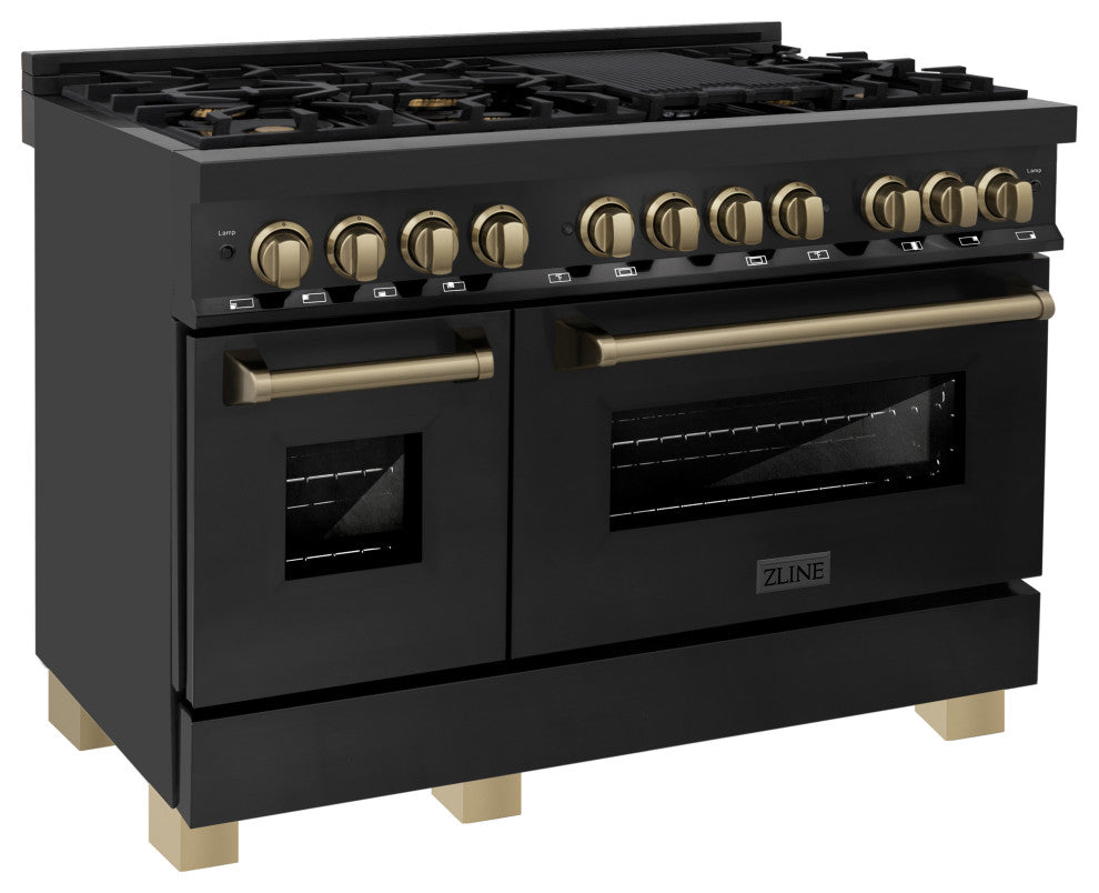 ZLINE 48" Dual Fuel Range, Black Stainless With Champagne Bronze RABZ-48-CB