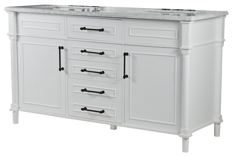 60" Double Vanity, White With White Carrara Marble Top