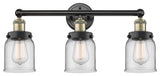 Edison Small Bell 3-Light 25" Vanity Light, Black Antique Brass With Clear Shade