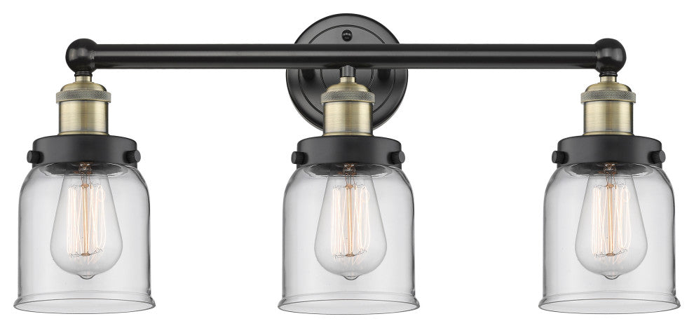 Edison Small Bell 3-Light 25" Vanity Light, Black Antique Brass With Clear Shade
