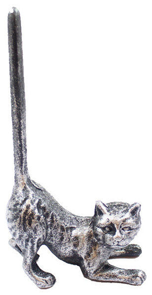 Rustic Silver Cast Iron Cat Extra Toilet Paper Stand 10"