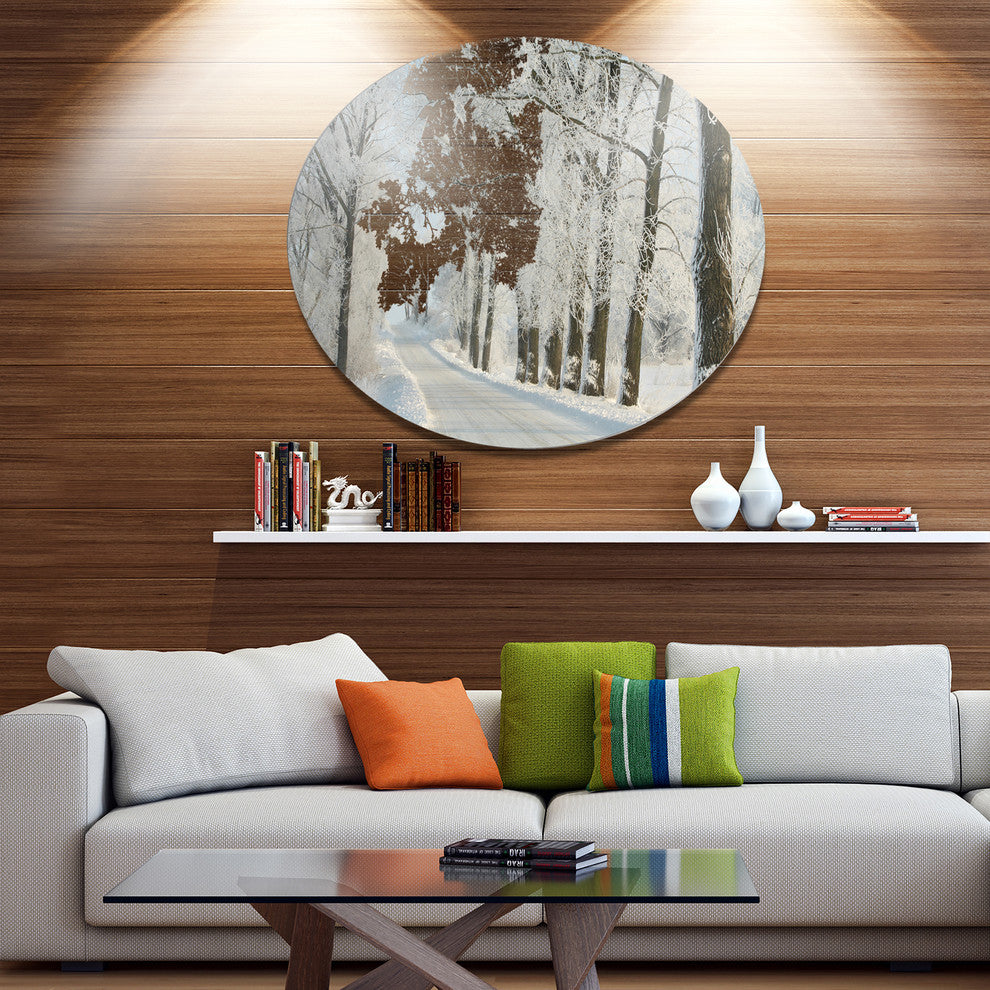Winter Road In Dense Foggy Forest, Forest Round Wall Art, 23"