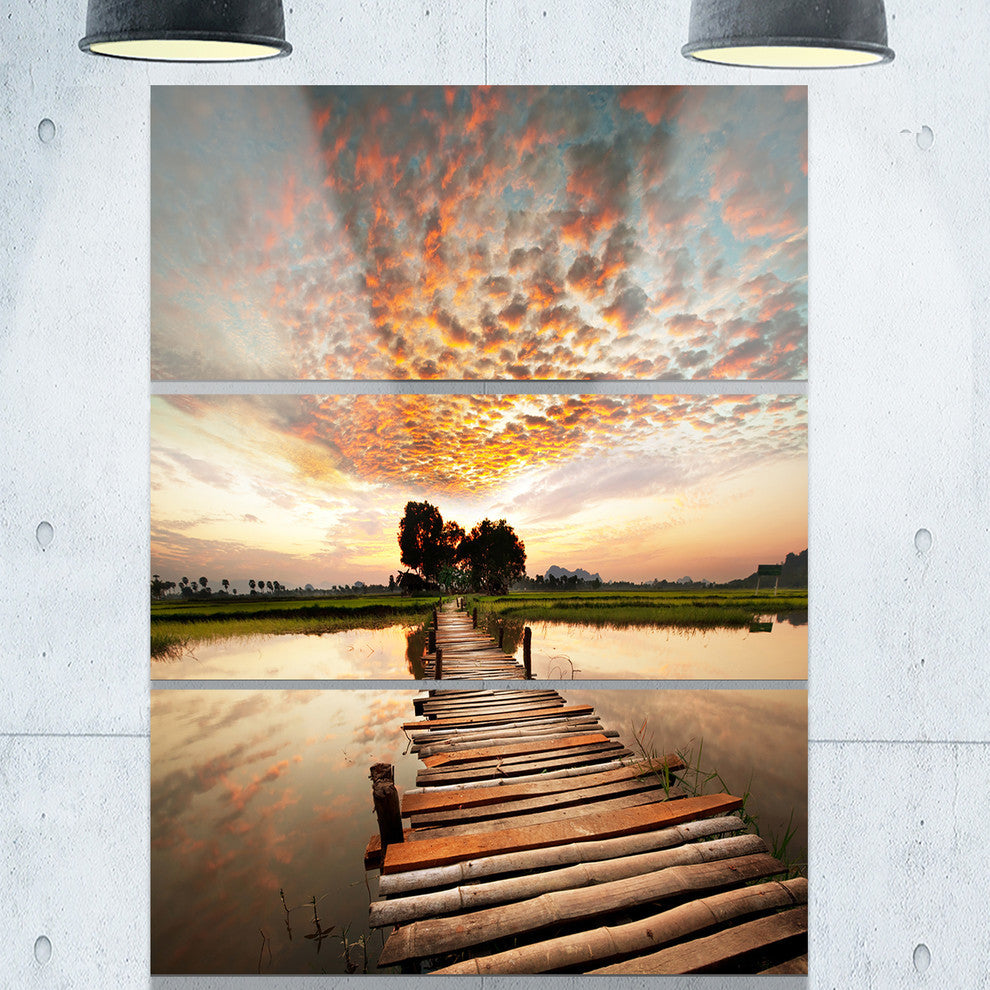 "Makeshift Wooden Pier Over River" Sea Bridge Metal Wall Art, 3 Panels, 28"x36"