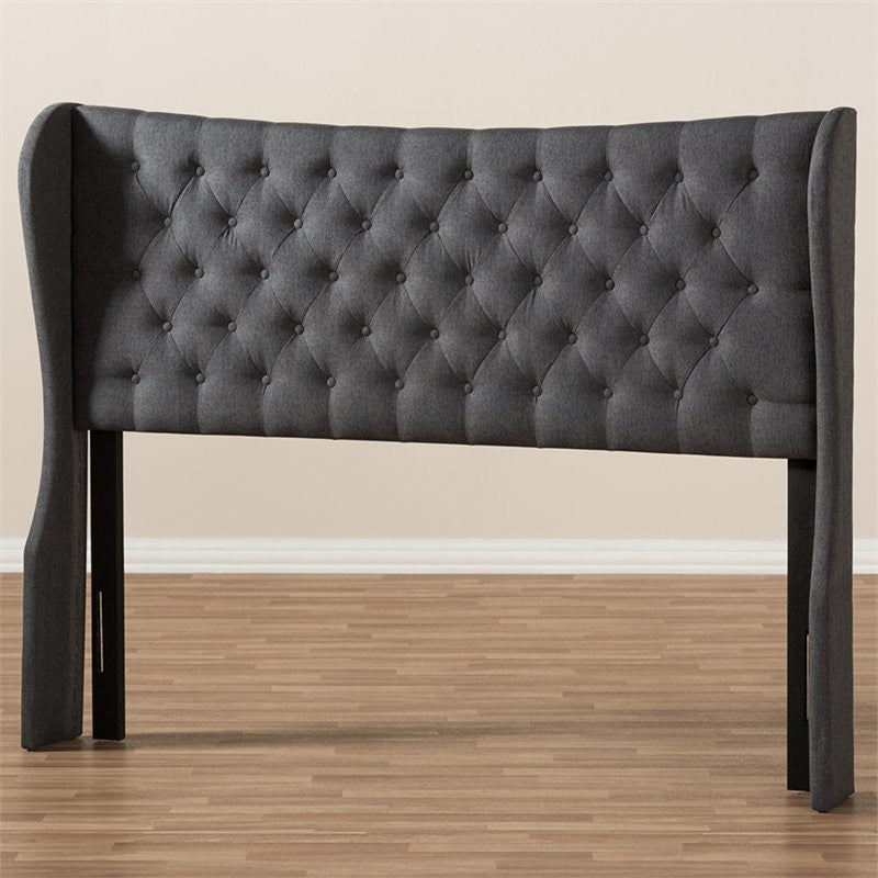 Cadence Modern Dark Gray Fabric Button-Tufted King Size Winged Headboard
