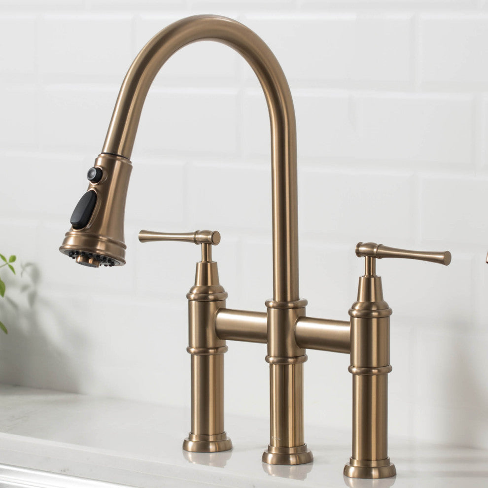 Allyn Traditional 3-Function Bridge Pull-Down Kitchen Faucet Brushed Gold