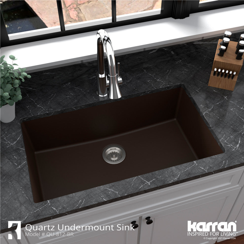 Karran QU-812 Undermount 32.5" Single Bowl Quartz Kitchen Sink, Brown