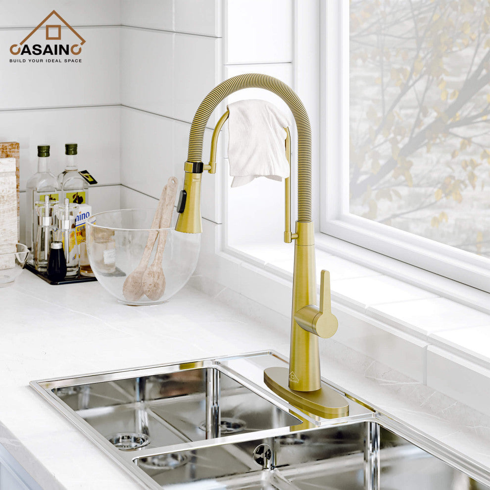 Single-Handle Spring Neck Standard Kitchen Faucet with Dual-Function, Brushed Gold