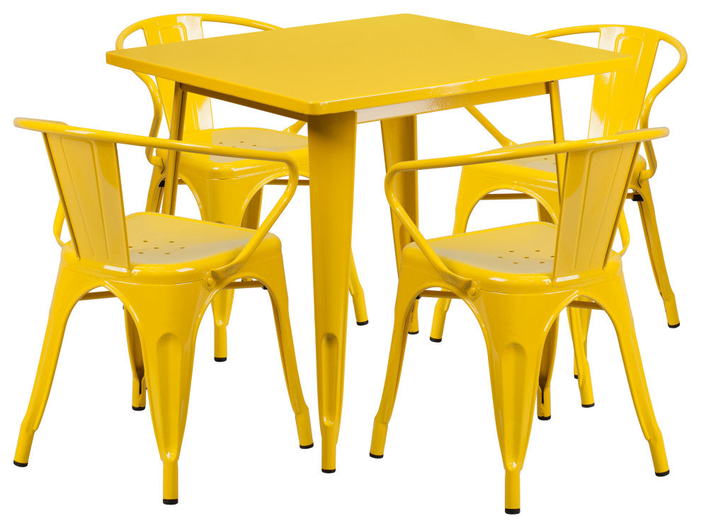 31.5" Square Yellow Metal Indoor-Outdoor Table Set with 4 Arm Chairs