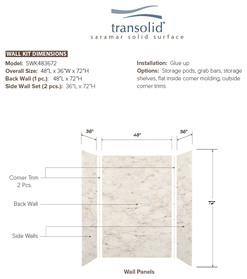 Transolid SaraMar 48"x36"x72" 3-Piece Shower Wall Kit, Biscotti Marble Velvet
