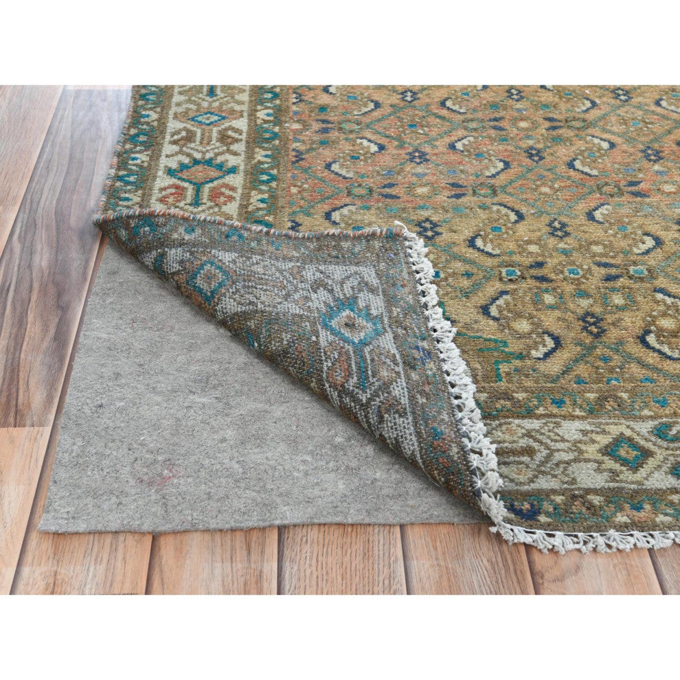 Brown Old Persian Hamadan Fish Mahi Design Hand Knotted Pure Wool Rug, 3'3"x9'2"