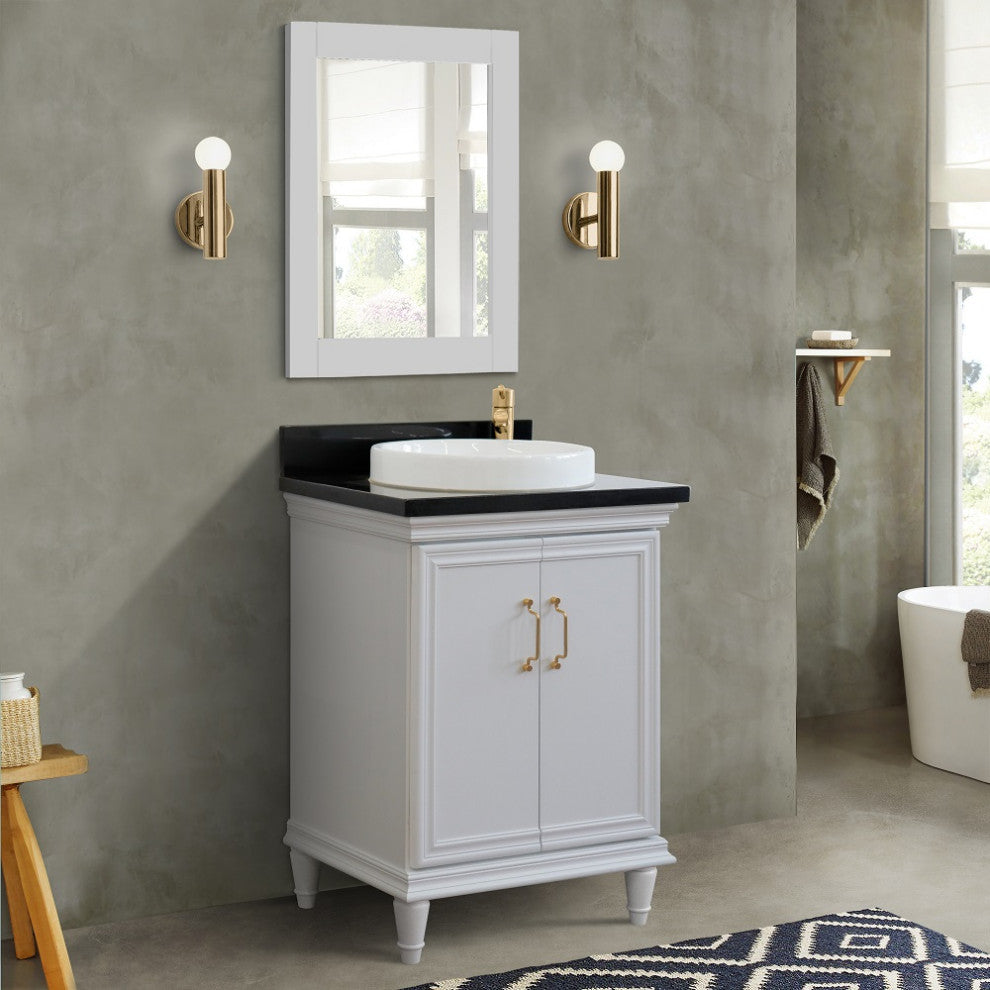 25" Single Vanity, White Finish With Black Galaxy And Round Sink