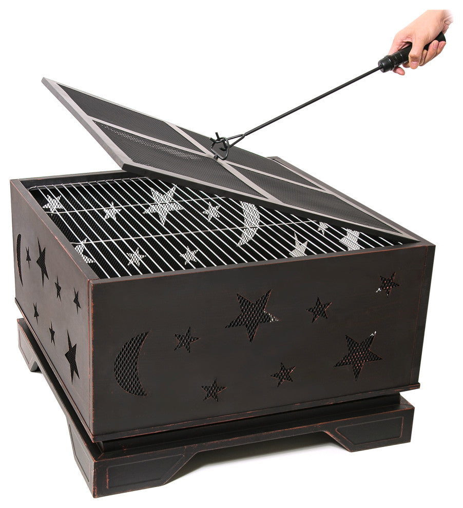 Gewnee 26 Inch Square Fire Pit with BBQ Grill