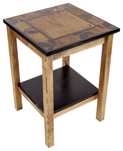 Stained and Black Square End Table With Pinecone Border