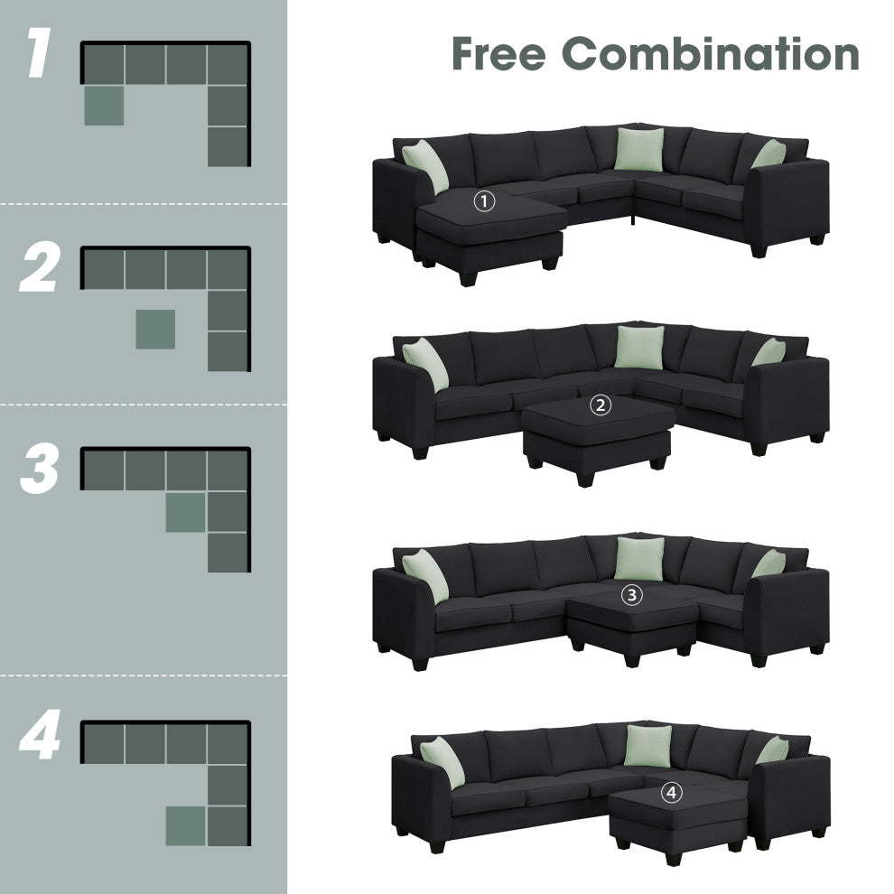 7-Seat Fabric Modular Sectional Sofa Couch Set with Ottoman and Pillows, Black